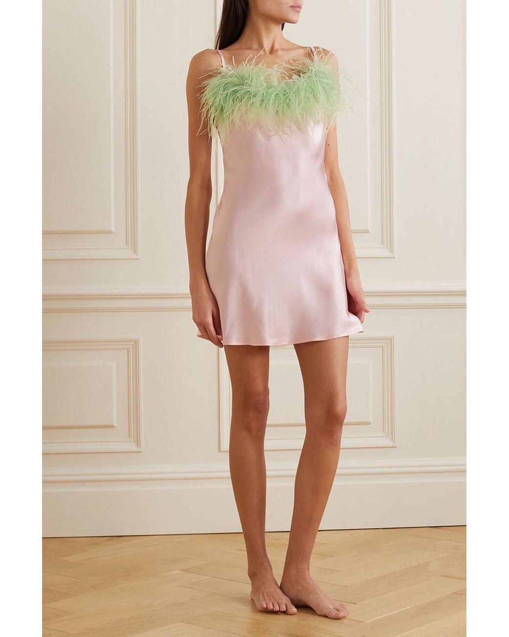 【SLEEPER】feather-trimmed lenzing ecovero satin chemise Sleeper Boheme Feathertrimmed Lenzing™ Ecovero™ Satin