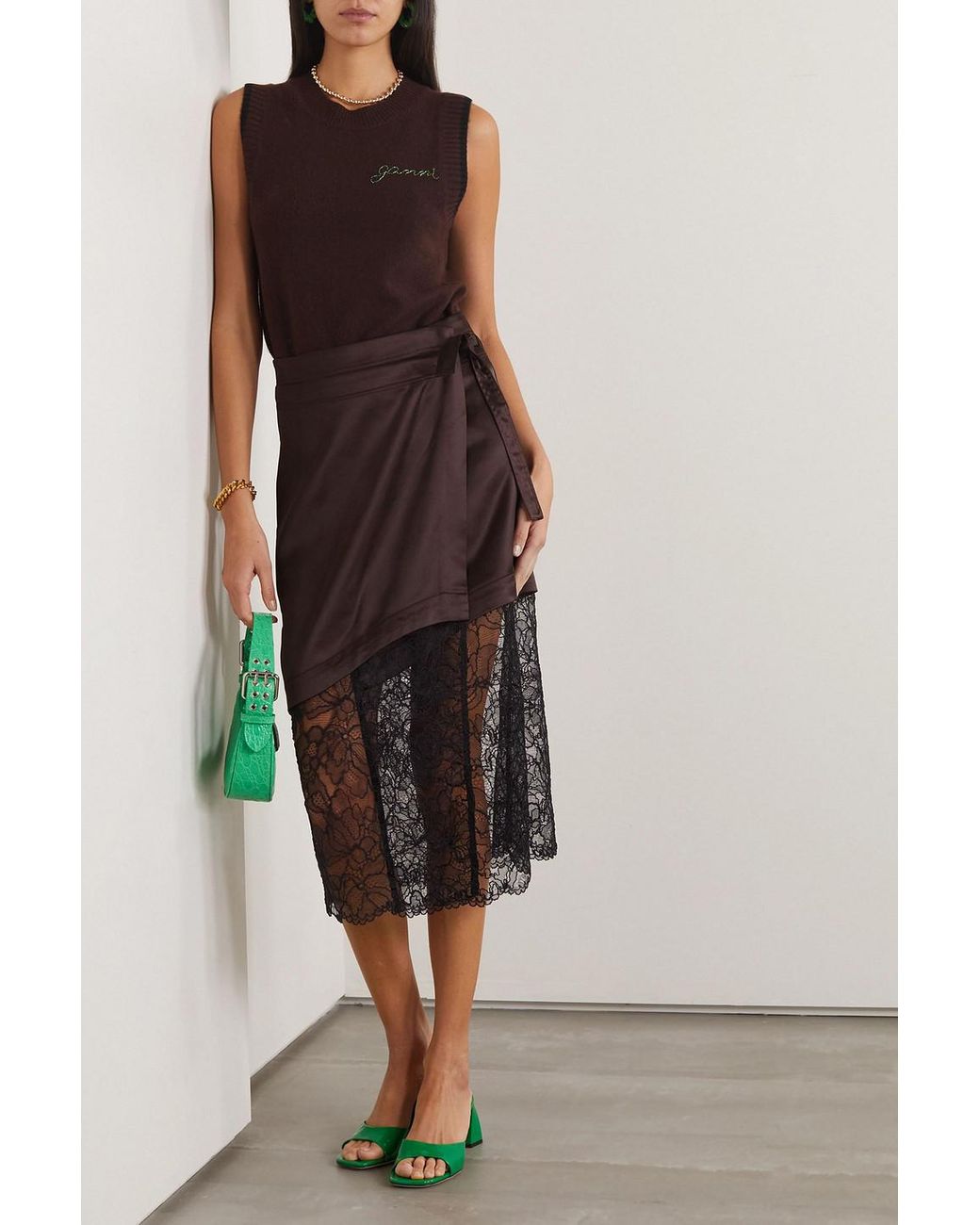 スカート SATIN LACE SKIRT ganni GANNI Satin skirt with lace in light blue/ black