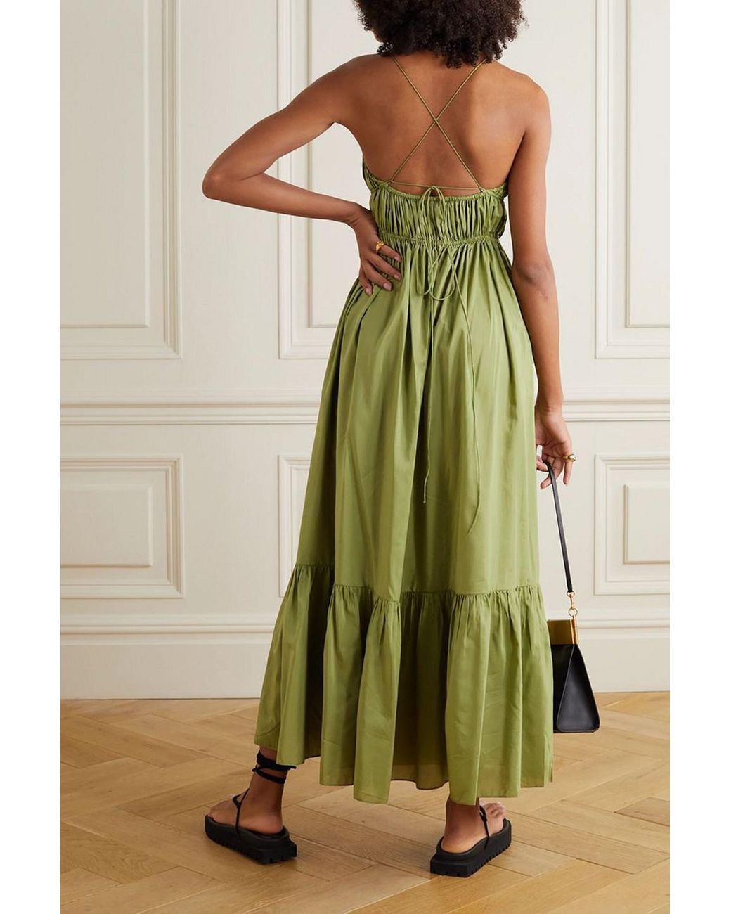 matteau green shirred maxi dress Matteau Shirred Cotton And Silk-blend Maxi Dress in Green