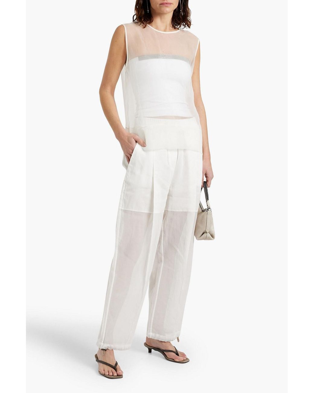 Brunello Cucinelli White Bead-Embellished Silk-Organza Top