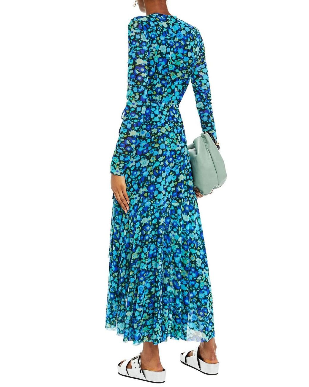 Ganni Floral print Stretch mesh Maxi Wrap Dress in Blue Lyst