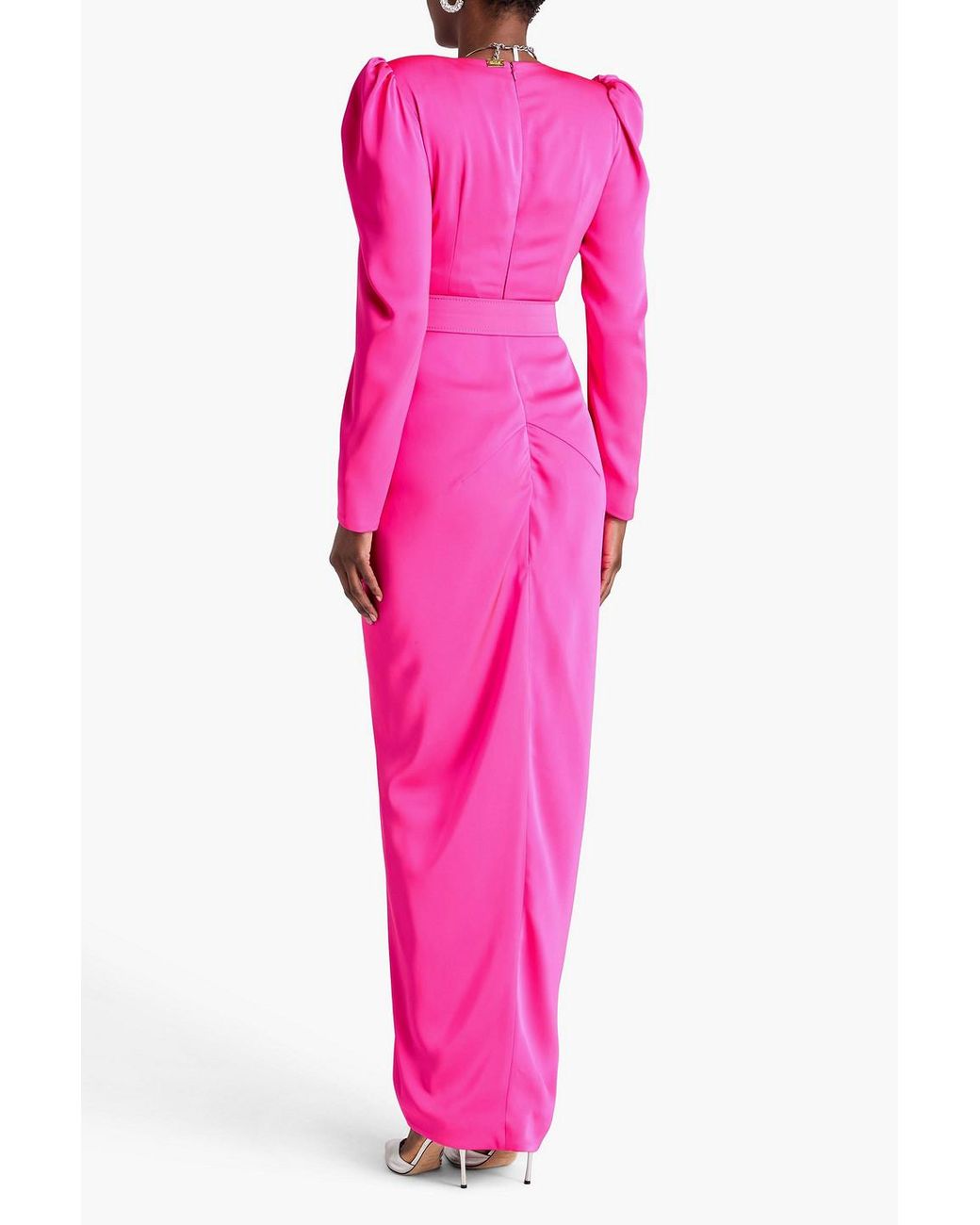 Rhea Costa Pink Wrap-effect Draped Satin Gown