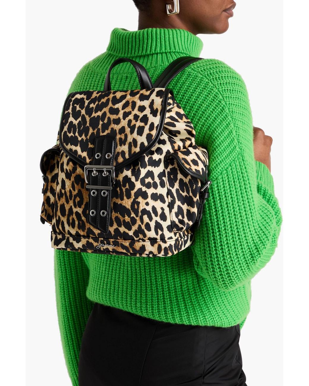 Ganni Black Bucky Leopard-Print Shell Backpack