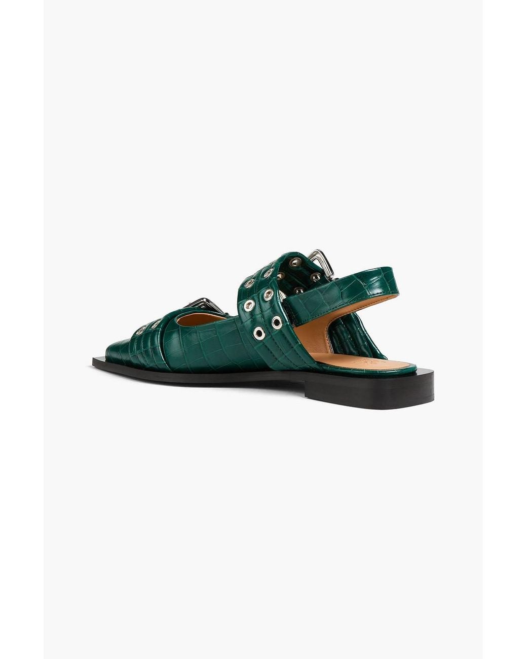Ganni Green Buckled Croc-effect Slingback Point-toe Flats