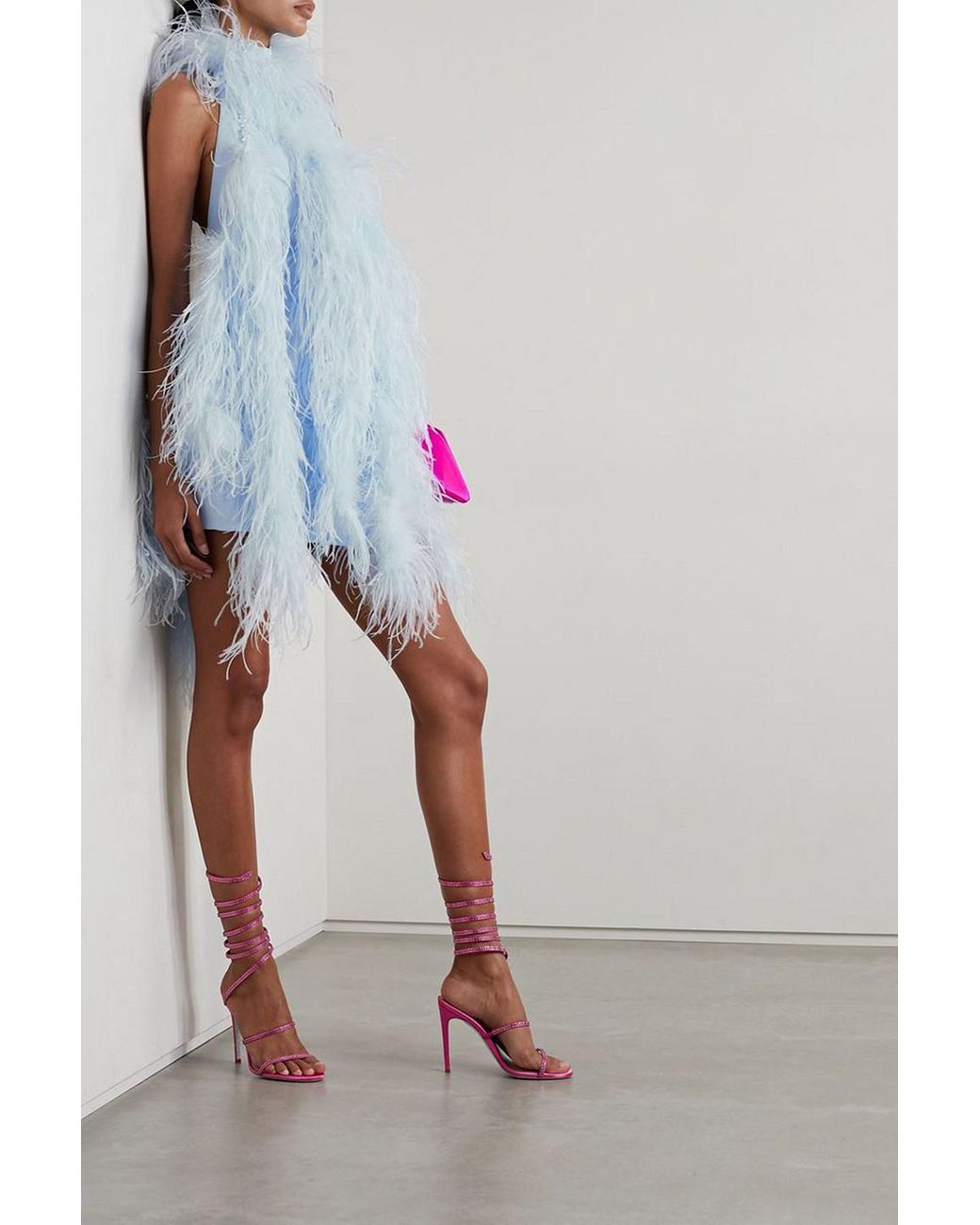 attico blue feather dress Attico Josephine Feather And Bead-embellished Crepe Halterneck Mini Dr - BOPF
