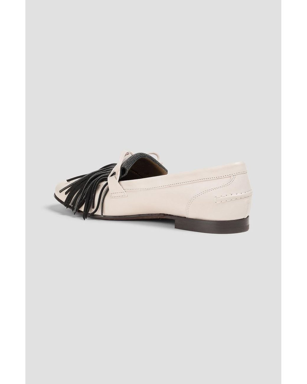 Brunello Cucinelli White Bead-Embellished Fringed Leather Loafers