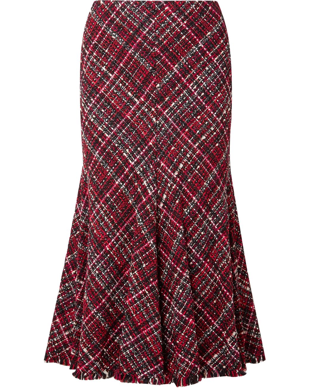 McQueen Frayed Tweed Midi Skirt in Red | Lyst McQueen Frayed Tweed Midi Skirt in Red | Lyst