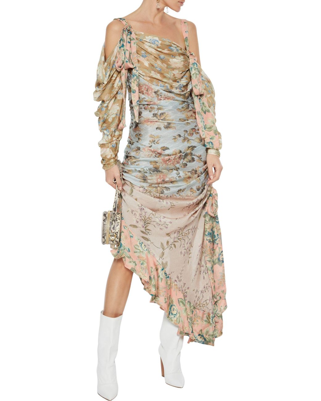 Zimmermann Unbridled Elixir Asymmetric Cold-shoulder Floral-print Silk  Crepe De Chine Dress Blush | Lyst