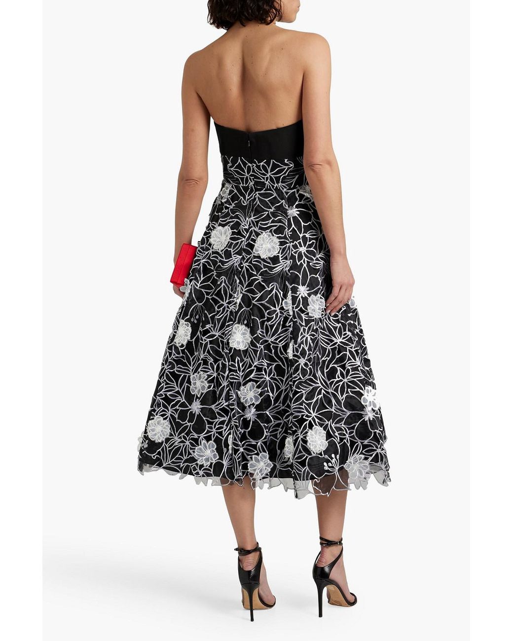 Marchesa Strapless Faille-paneled Embroidered Organza Midi Dress in Black |  Lyst