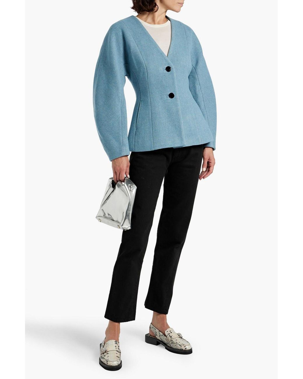 【関税＆送料込み】Ganni Light Blue Wool-Cashmere Blend T-S GANNI Light Blue Cream Wool Blend Plaid Button Snap Lapel