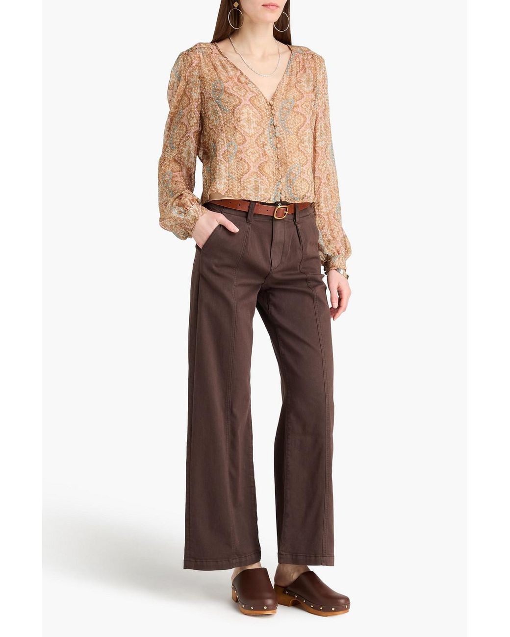 PAIGE Natural Dezi Cropped Printed Silk-blend Jacquard Blouse