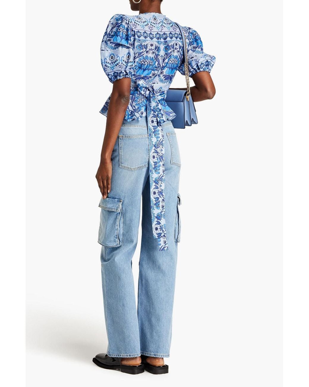 Sandro Blue Printed Linen-blend Gauze Wrap Blouse