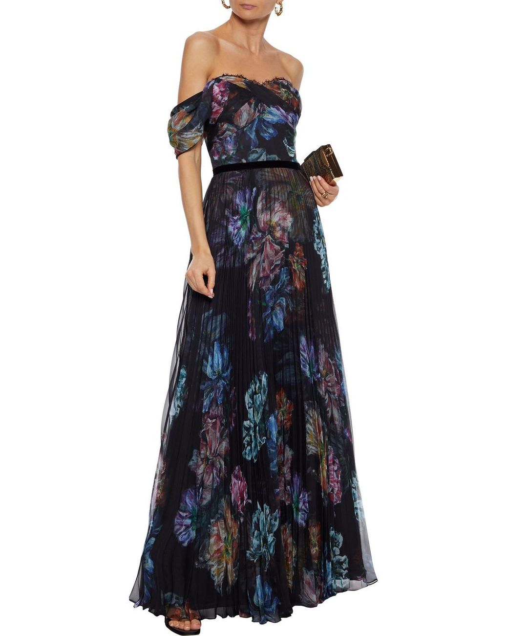 Marchesa notte Off-the-shoulder Pleated Floral-print Chiffon Gown in Black  | Lyst