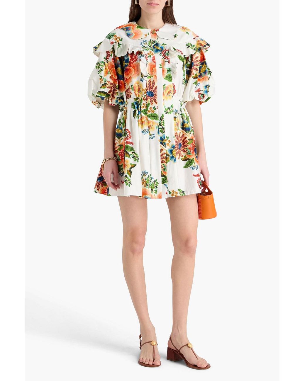 Farm Rio White Ruffled Floral-print Stretch-cotton Poplin Mini Shirt Dress