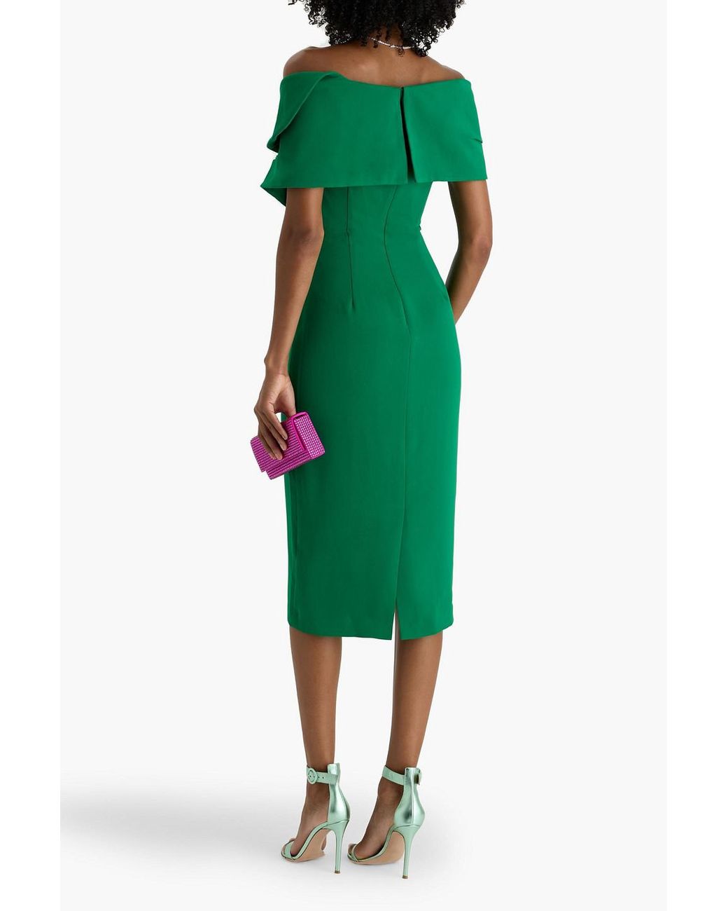 Badgley Mischka Off-The-Shoulder Draped Crepe Midi Dress in Green | Lyst Badgley Mischka Off-The-Shoulder Draped Crepe Midi Dress in Green | Lyst