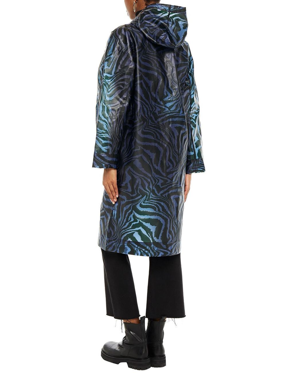 Ganni Tiger-print Matte-pu Hooded Raincoat in Blue | Lyst