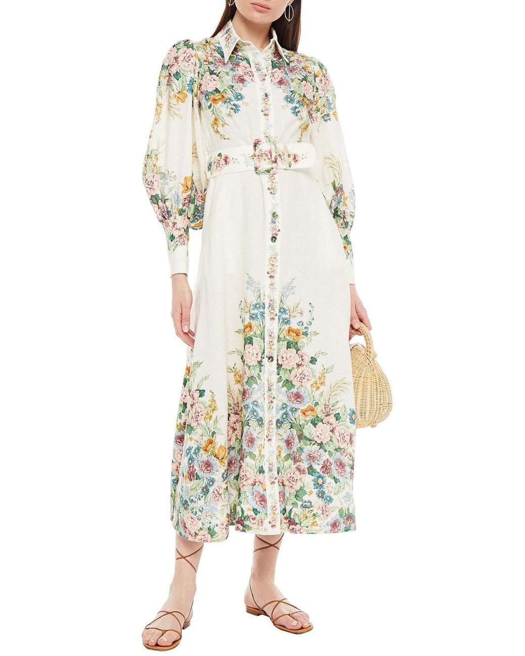 Zimmermann Wavelength Belted Floral-print Linen Midi Shirt Dress in Natural  | Lyst