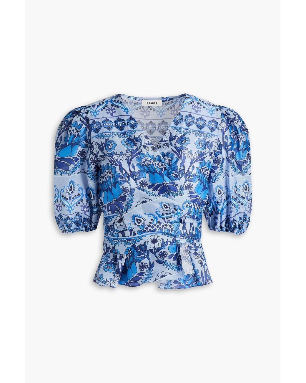 Sandro Blue Printed Linen-blend Gauze Wrap Blouse