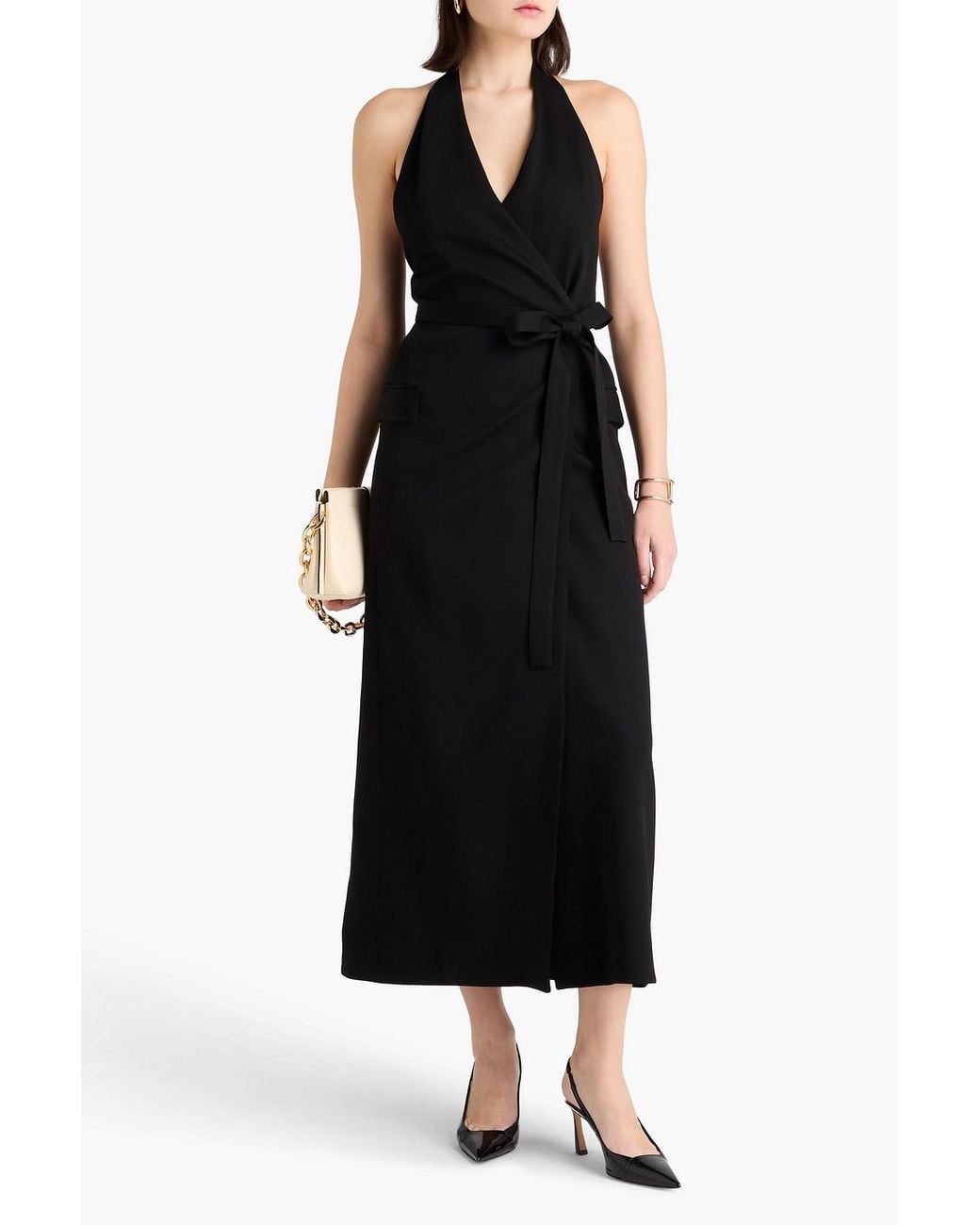 Esse Studios Black Atlas Open-Back Crepe Halterneck Midi Wrap Dress