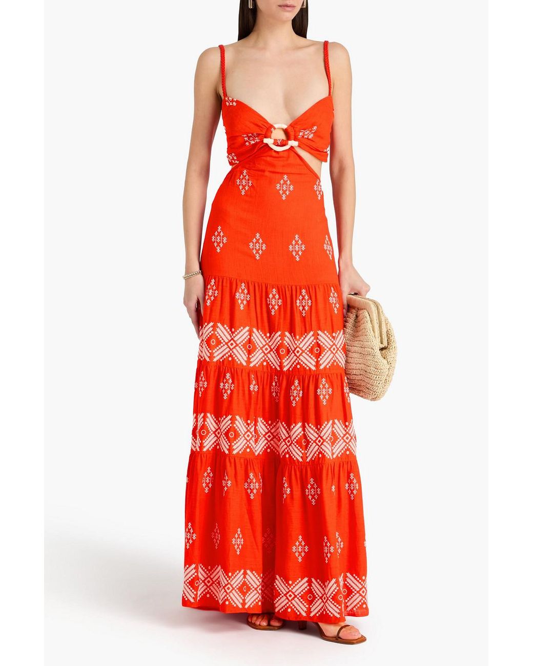 Johanna Ortiz Convertible Tiered Embroidered Slub Woven Maxi Dress