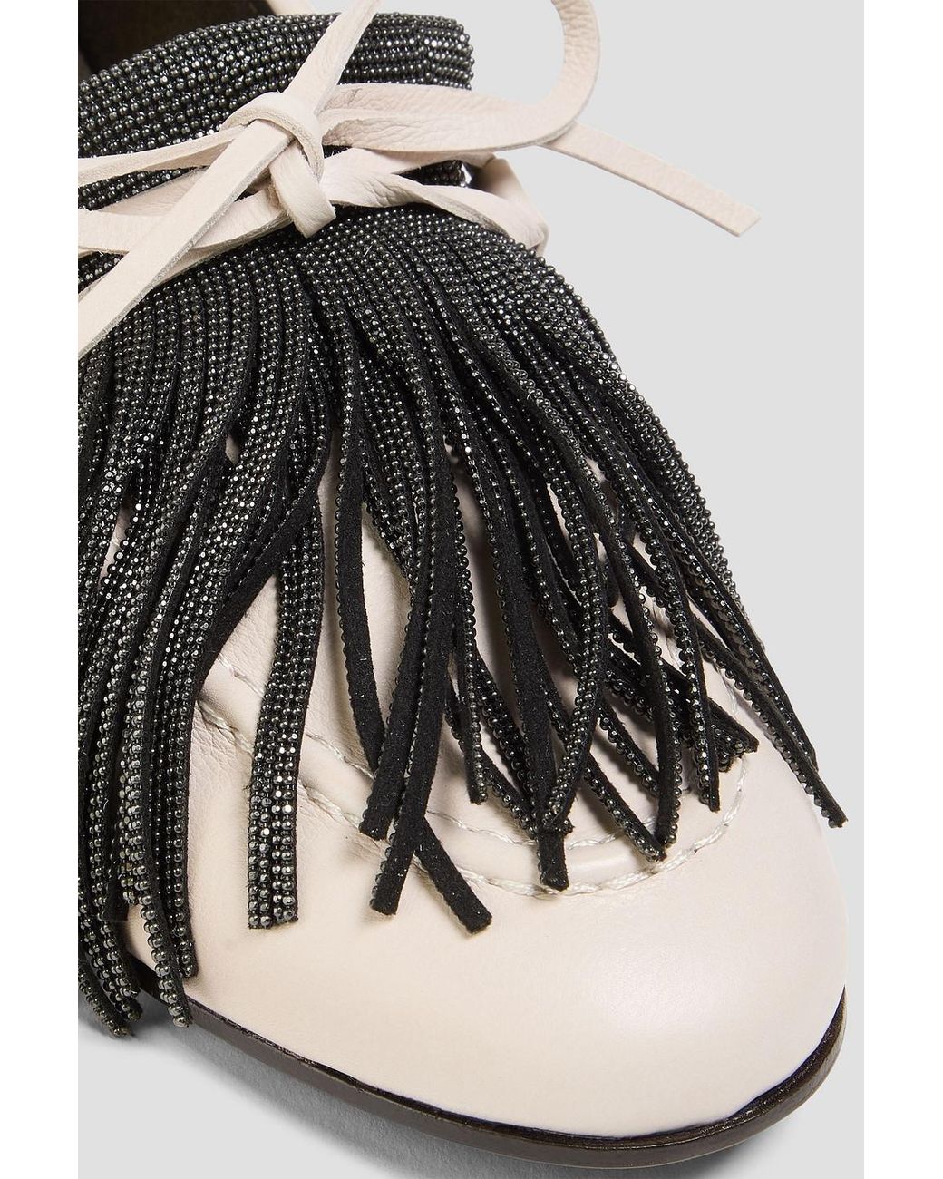 Brunello Cucinelli White Bead-Embellished Fringed Leather Loafers