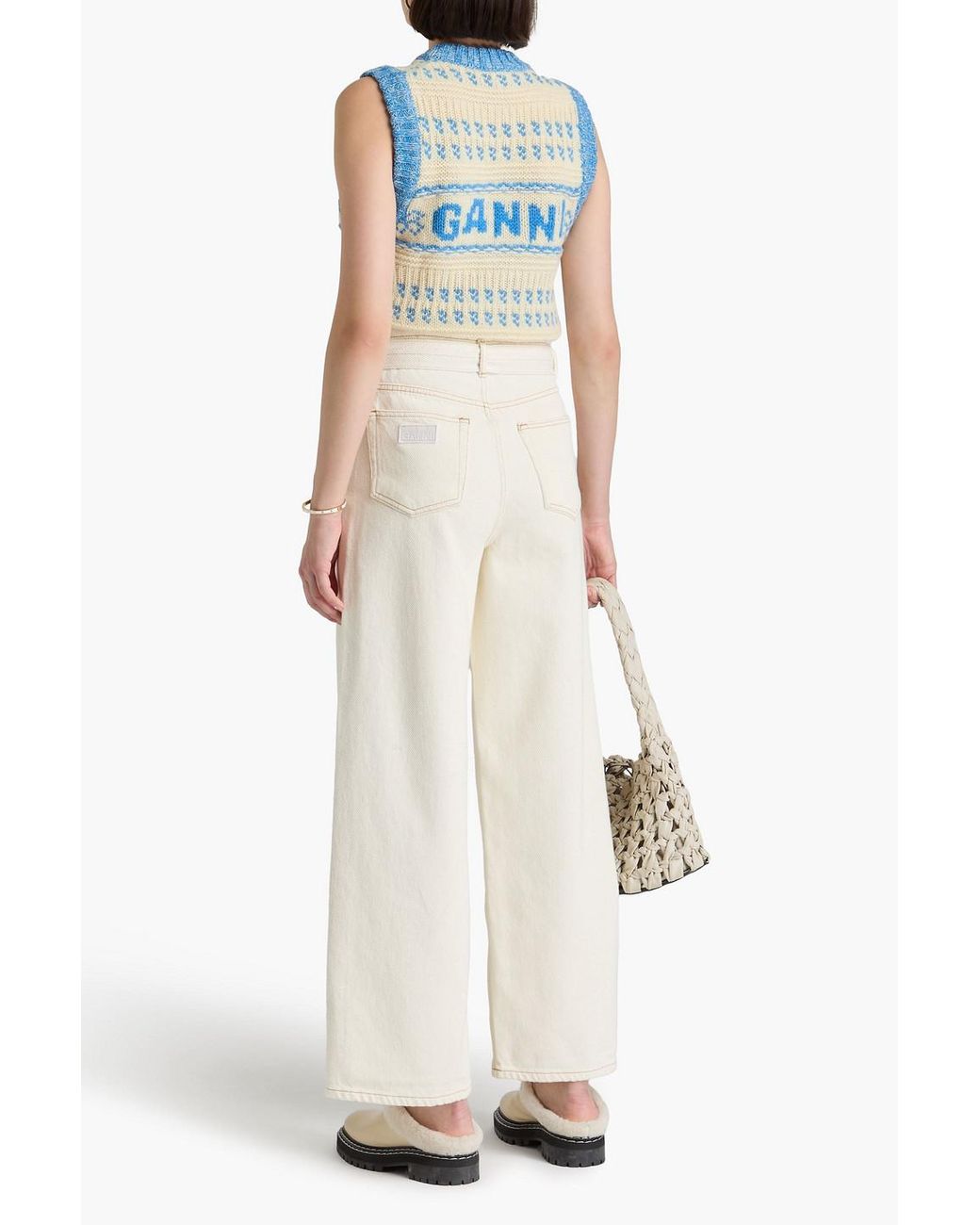 Ganni White Belted Cotton-drill Wide-leg Pants