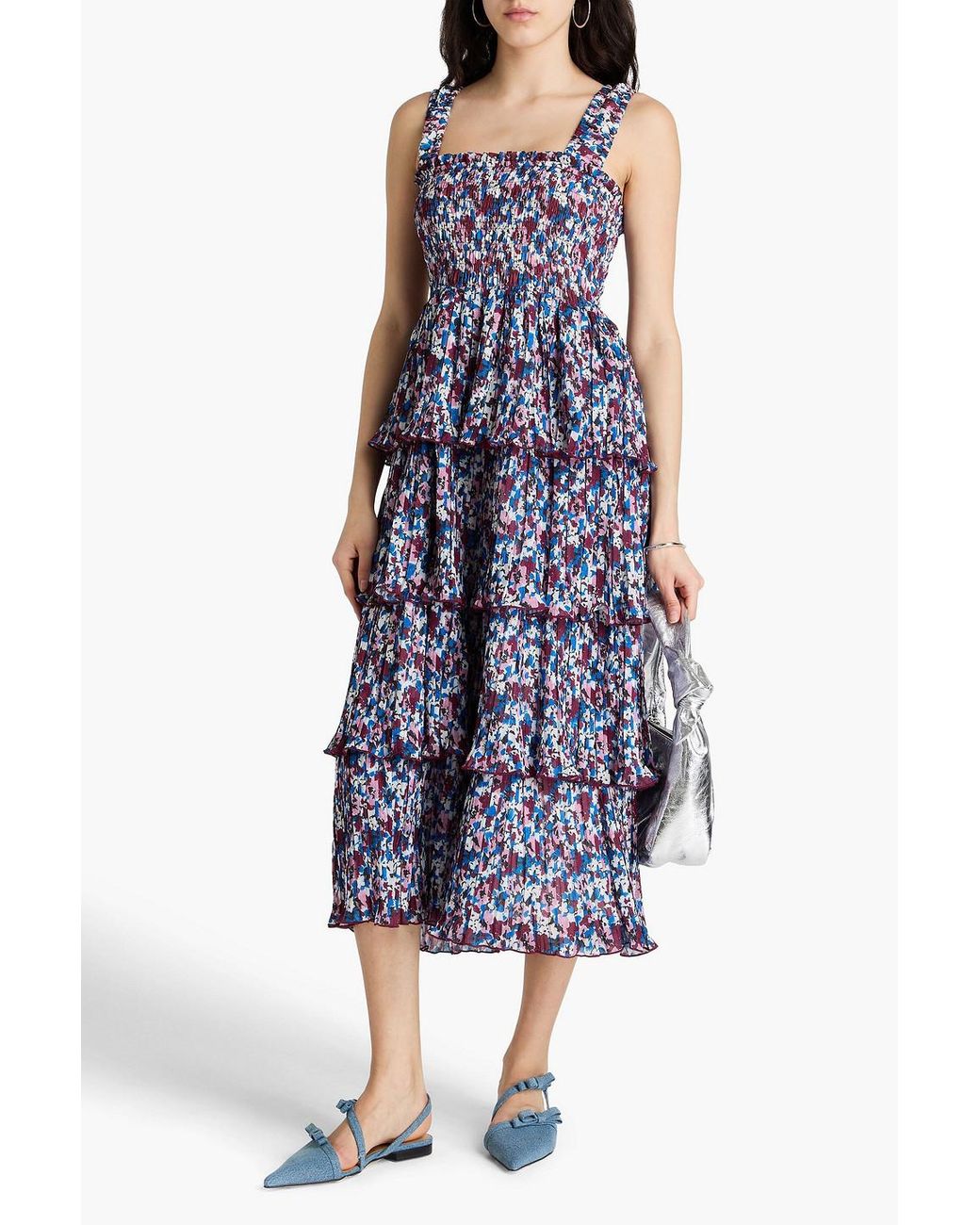Ganni Tiered Printed Pliss-Georgette Midi Dress in Purple | Lyst