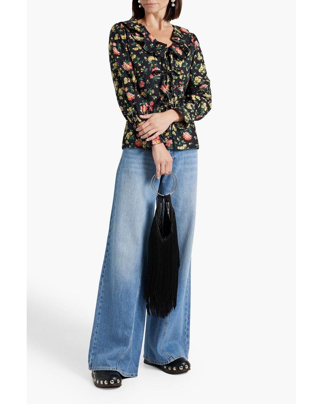 BATSHEVA Black Nia oberteil aus baumwollpopeline mit floralem print und rüschen