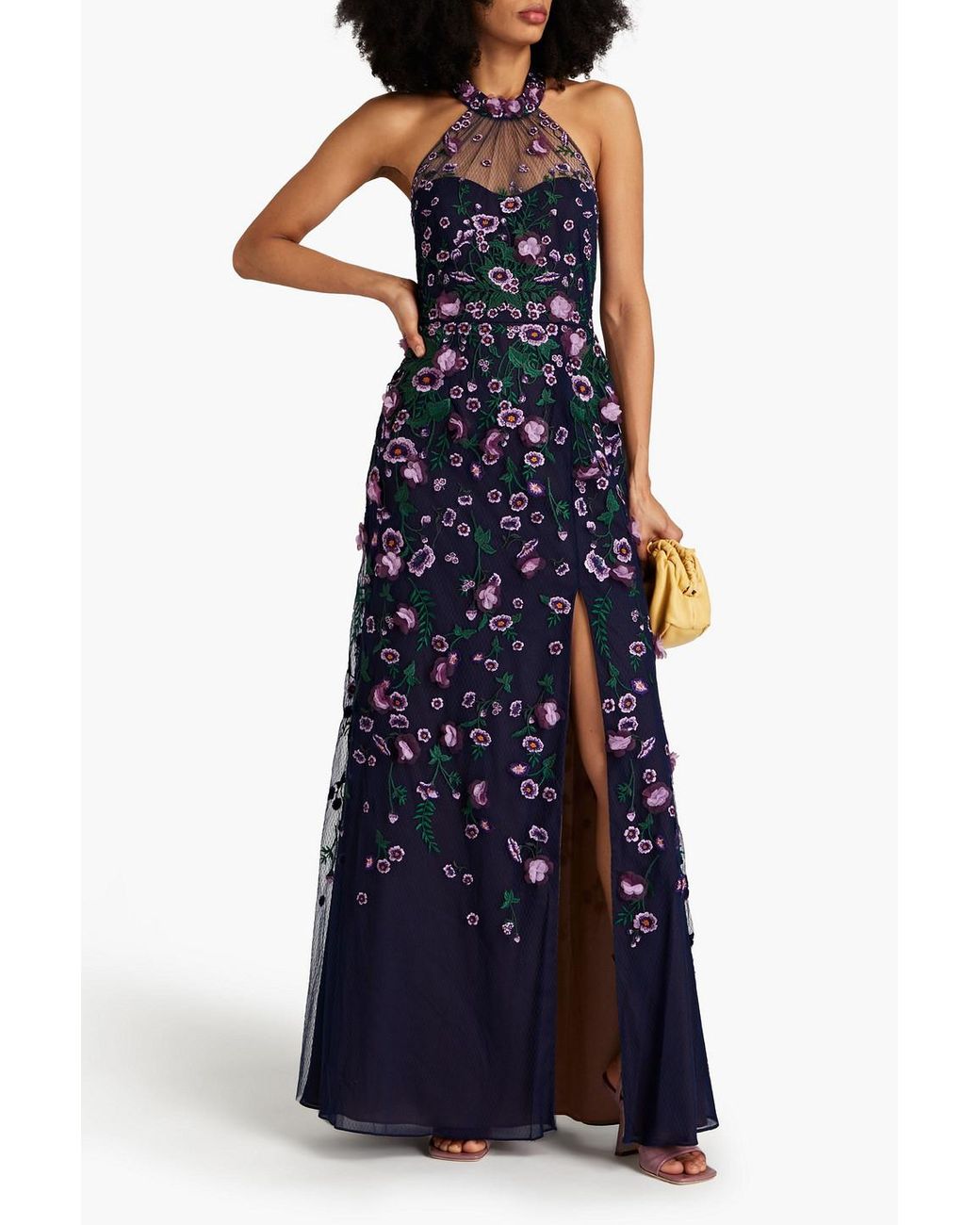 Marchesa Embroidered Tulle-paneled Chiffon Gown in Blue | Lyst