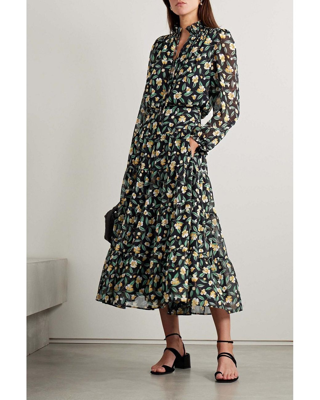 Cefinn Zoe Floral-print Tiered Ruffled Crepon Midi Dress in Green | Lyst