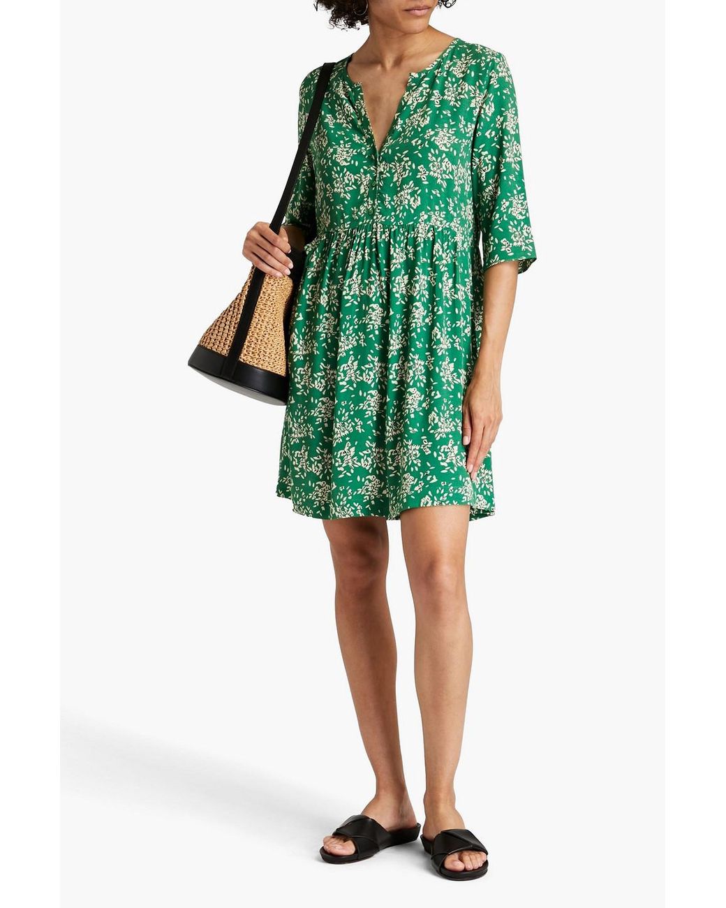 Ba&sh Gathered Floral-print Crepe Mini Dress in Green | Lyst