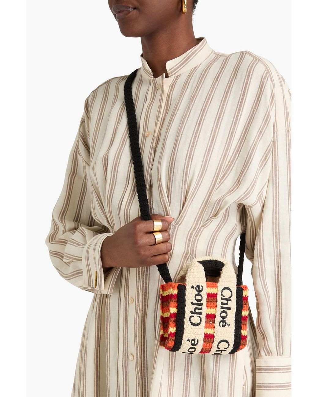 Chloé Woody Nano Embroidered Striped Crochet-knit Tote
