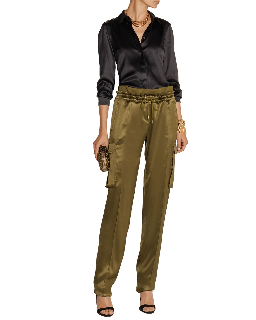Balmain Silk-Satin Cargo Pants in Army 