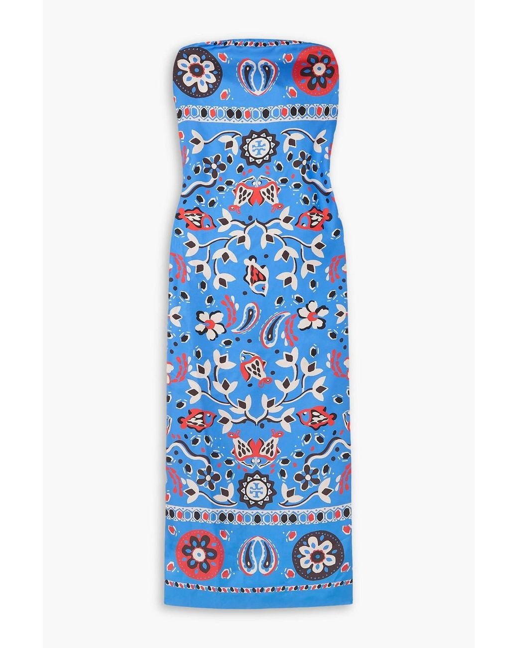 Tory Burch Strapless Printed Silk-twill Maxi Dress in Blue