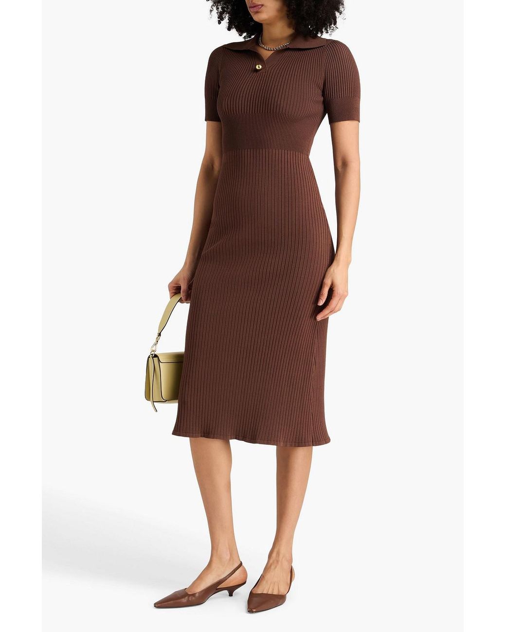Claudie Pierlot Brown Ribbed-Knit Midi Dress