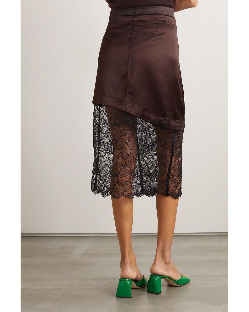 スカート SATIN LACE SKIRT ganni GANNI Satin skirt with lace in light blue/ black