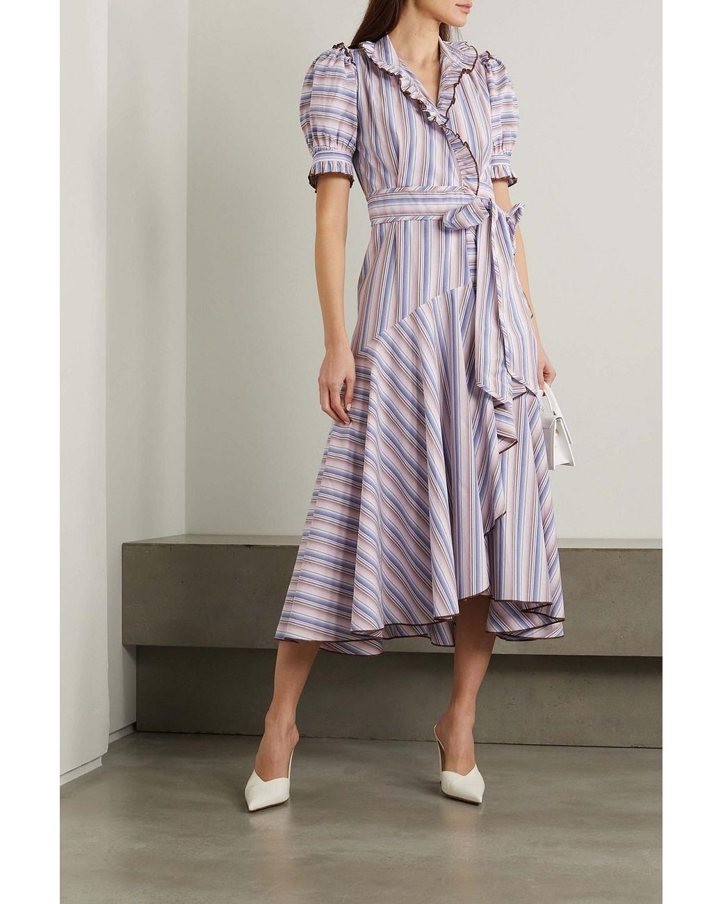 Anna Mason Stella Ruffled Striped Cotton poplin Midi Wrap Dress in Purple Lyst
