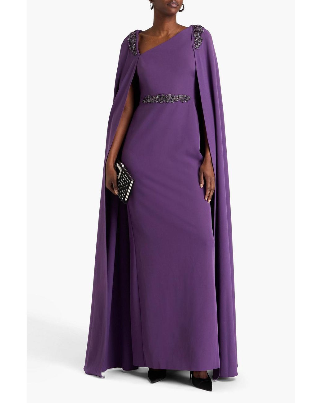 Marchesa Purple Cape-Effect Bead-Embellished Crepe Gown