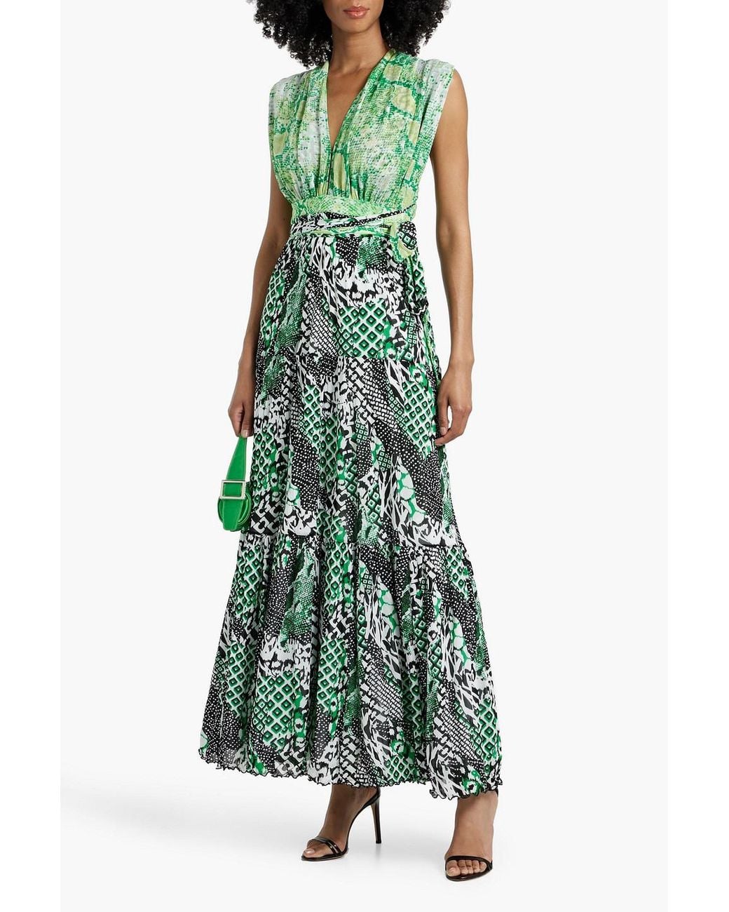 Diane von Furstenberg Drew Tiered Snake-Print Mesh Maxi Dress in Green |  Lyst