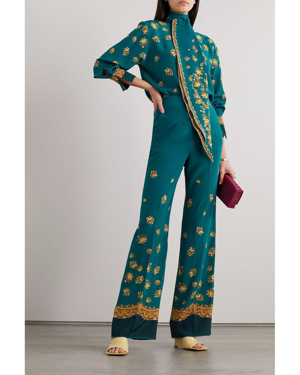 Etro Green Paisley-print Silk Crepe De Chine Straight-leg Pants