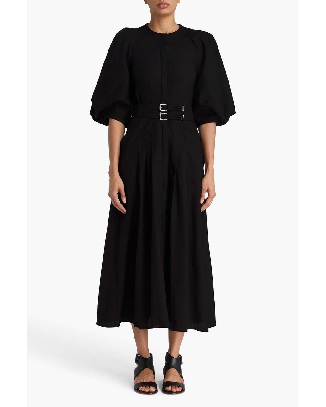 Gabriela Hearst Black Elea Pleated Linen Midi Dress