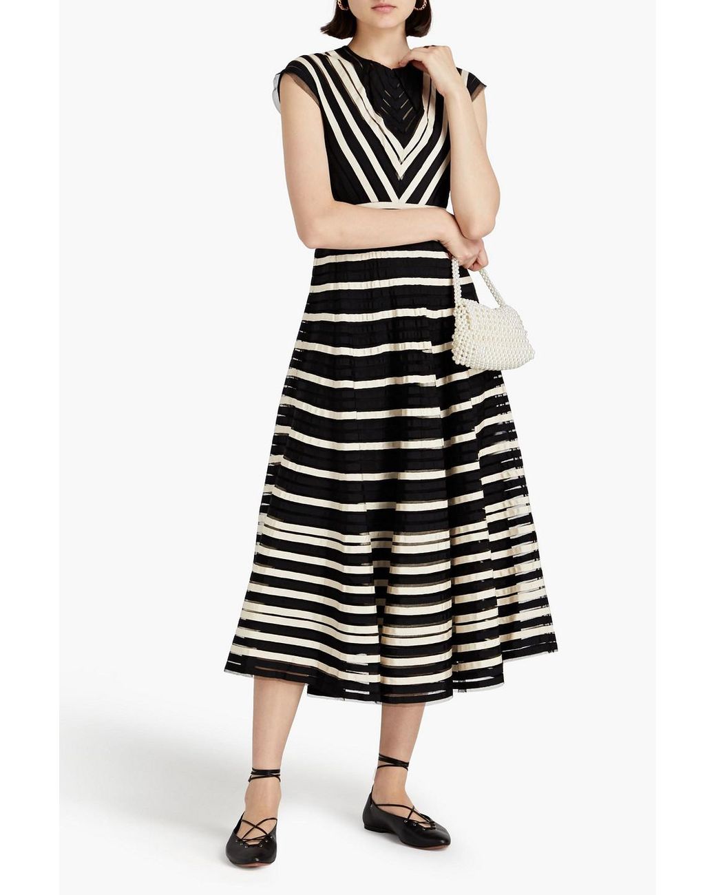 RED Valentino Striped Tulle And Grosgrain Midi Dress in Black