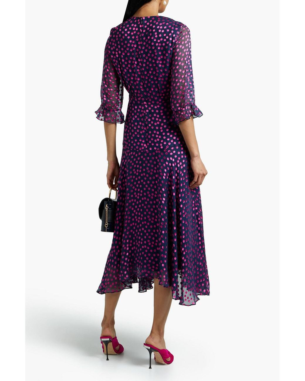 Saloni Edith Polka dot Flocked Silk blend Chiffon Midi Dress in