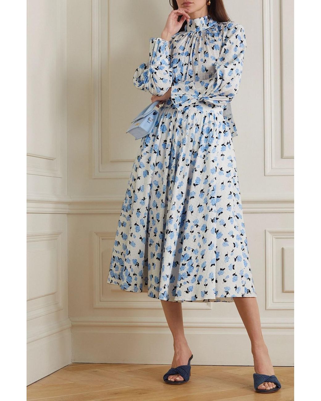 Emilia Wickstead Blue Allegra midirock aus strukturierter stretch-baumwolle mit blumenprint
