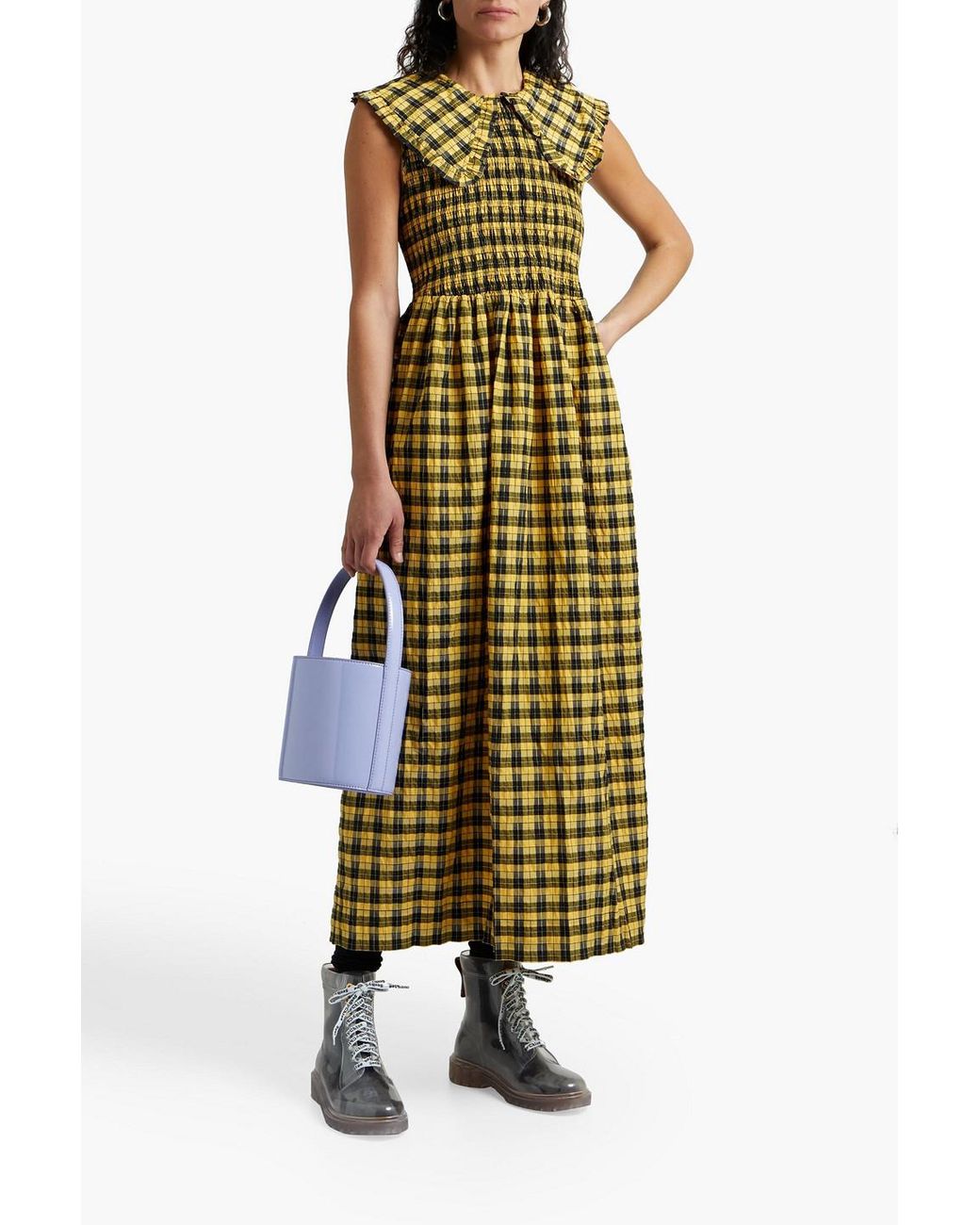 ganni shirred checked cotton-blend seersucker midi dress Ganni Shirred Checked Cotton-Blend Seersucker Midi Dress In Multicolor - 80% Off