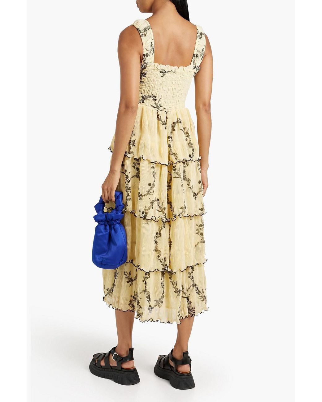 knee length dresses for ladies Ganni BLUE FLORAL CRINKLED SATIN LONG DRESS  Shop at the Mix