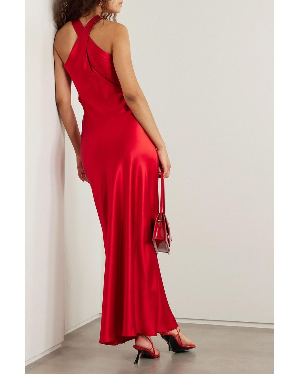 Galvan London Evelyn Cutout Satin Halterneck Maxi Dress in Red | Lyst