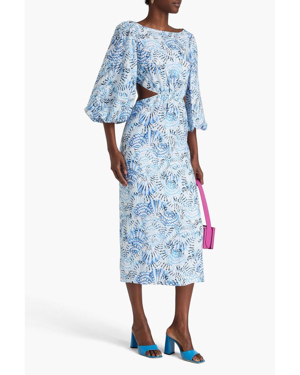 Saloni Neela Cutout Printed Linen Midi Dress in Blue | Lyst Canada