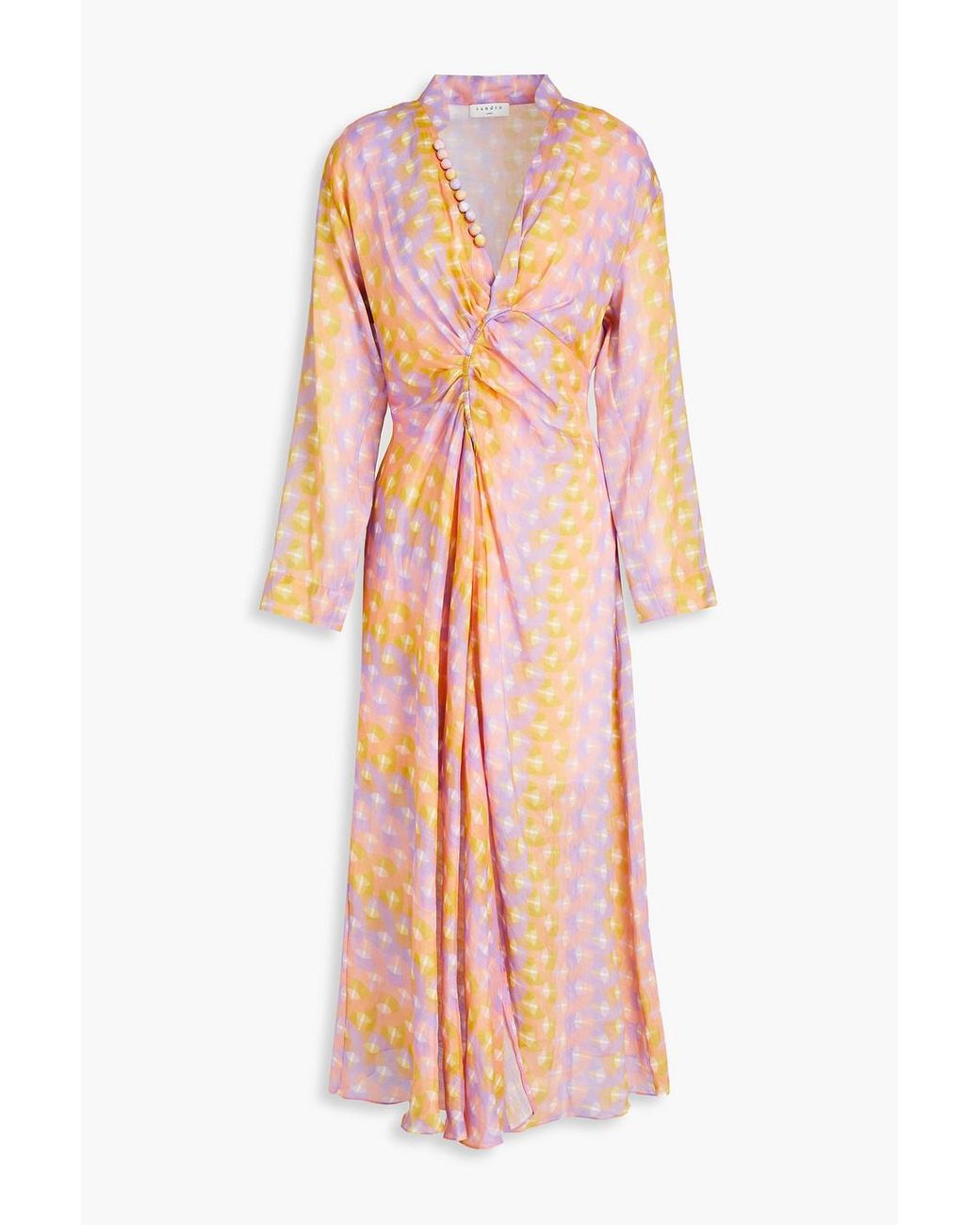 Sandro Eliane Ruched Printed Linen And Silk-blend Mousseline Midi Dress |  Lyst Canada
