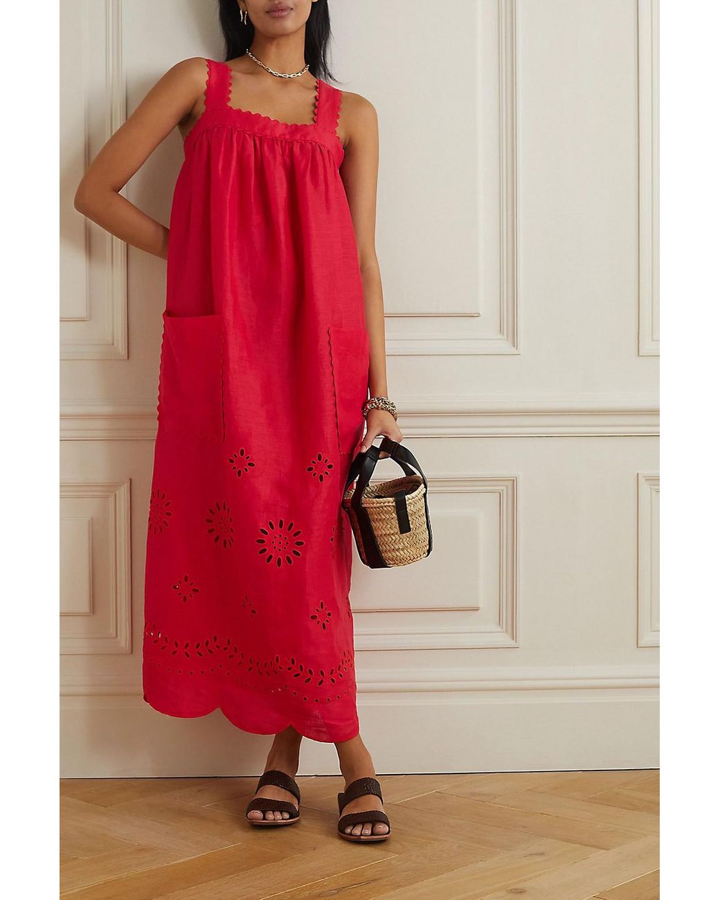 Oroton Cutout Broderie Anglaise Linen Maxi Dress in Red | Lyst Australia
